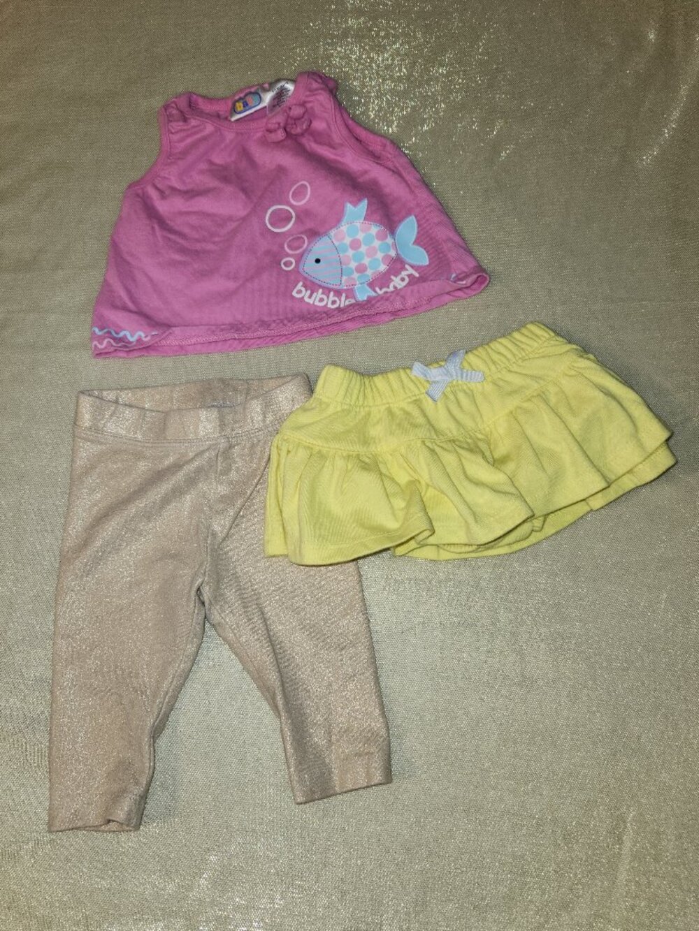 Baby Girl 3 Piece Outfit Set 0-3M Pink Bubble Baby Top Skirt Gold Leggings